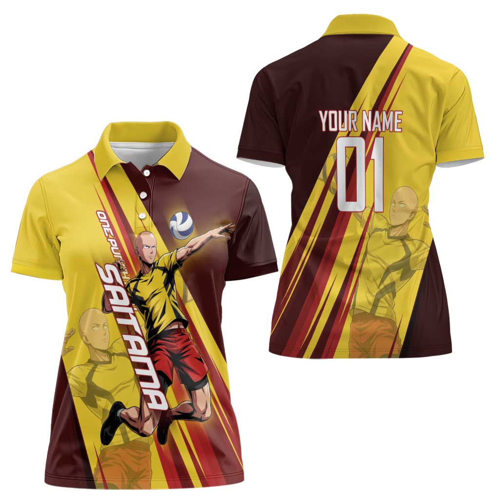 Personalized Saitama Volleyball Design Women Polo Shirt with Yellow and Red Athletic Theme and Powerful Spike Pose