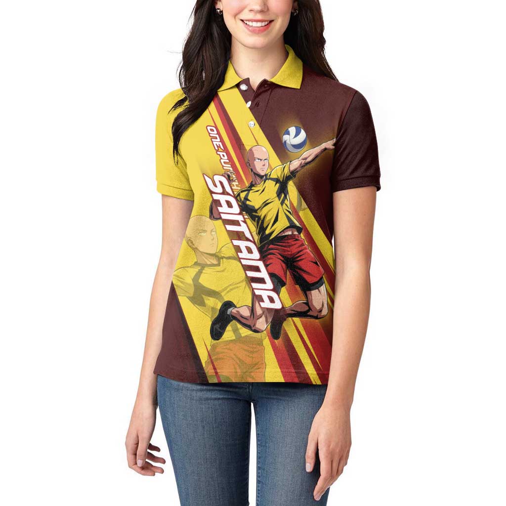 Personalized Saitama Volleyball Design Women Polo Shirt with Yellow and Red Athletic Theme and Powerful Spike Pose