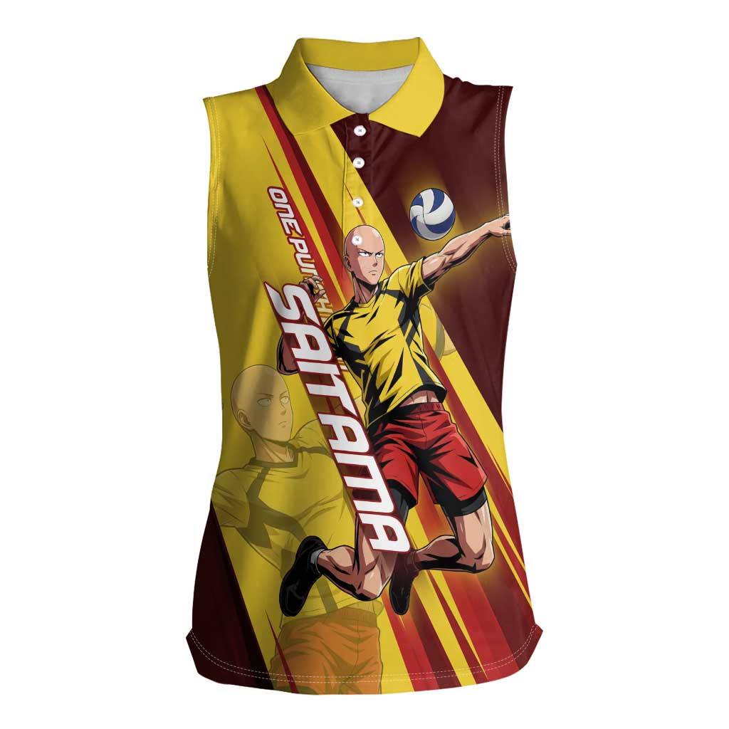 Personalized Saitama Volleyball Design Women Sleeveless Polo Shirt with Yellow and Red Athletic Theme and Powerful Spike Pose