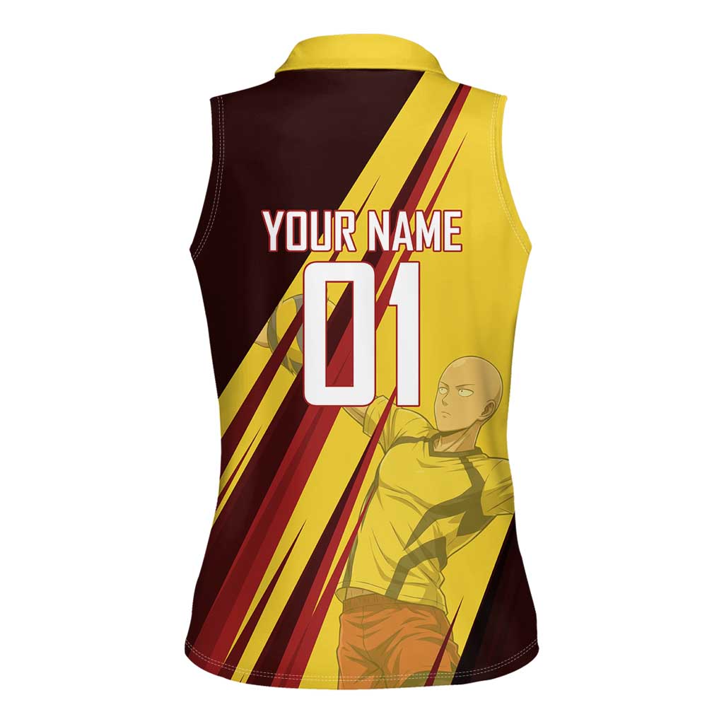 Personalized Saitama Volleyball Design Women Sleeveless Polo Shirt with Yellow and Red Athletic Theme and Powerful Spike Pose