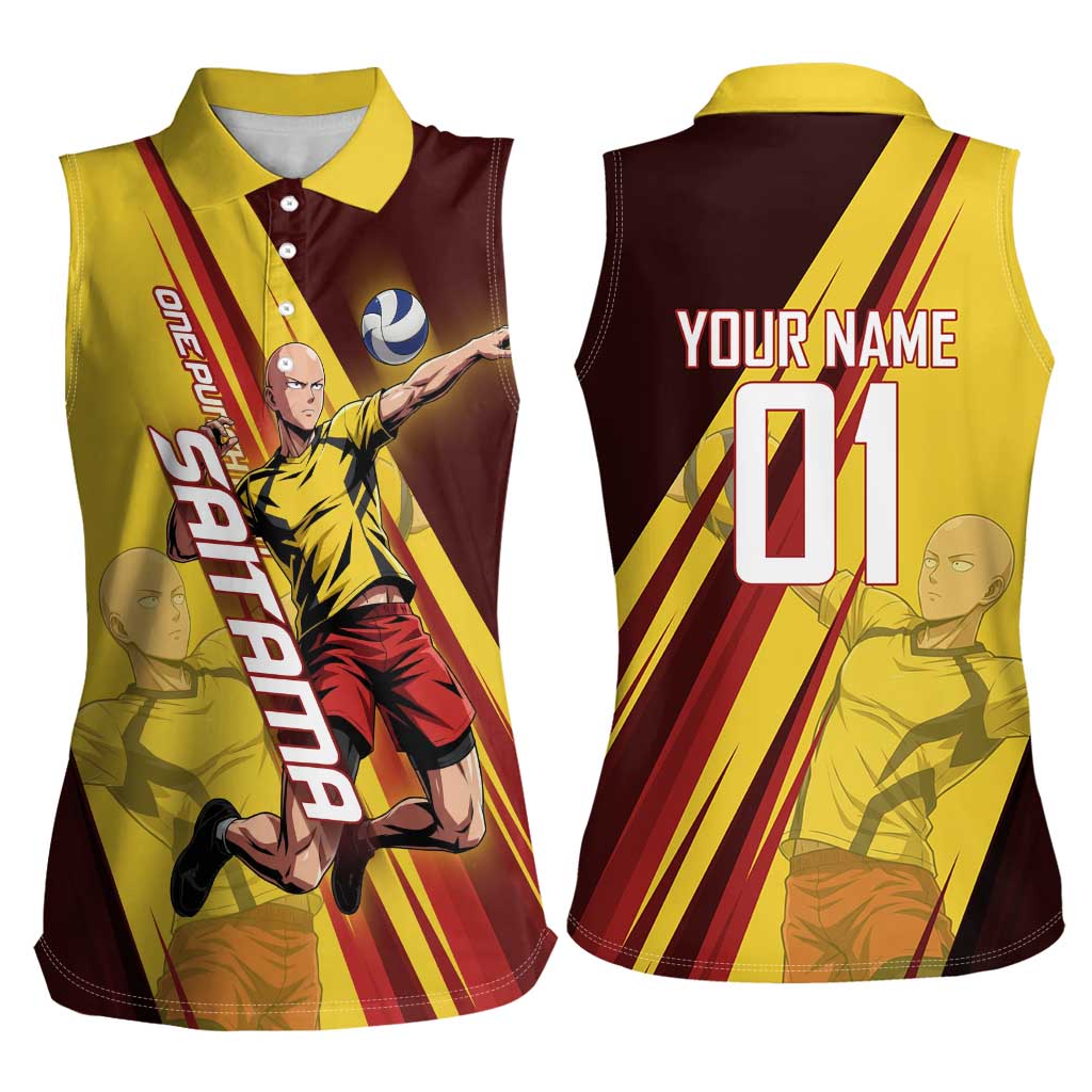 Personalized Saitama Volleyball Design Women Sleeveless Polo Shirt with Yellow and Red Athletic Theme and Powerful Spike Pose