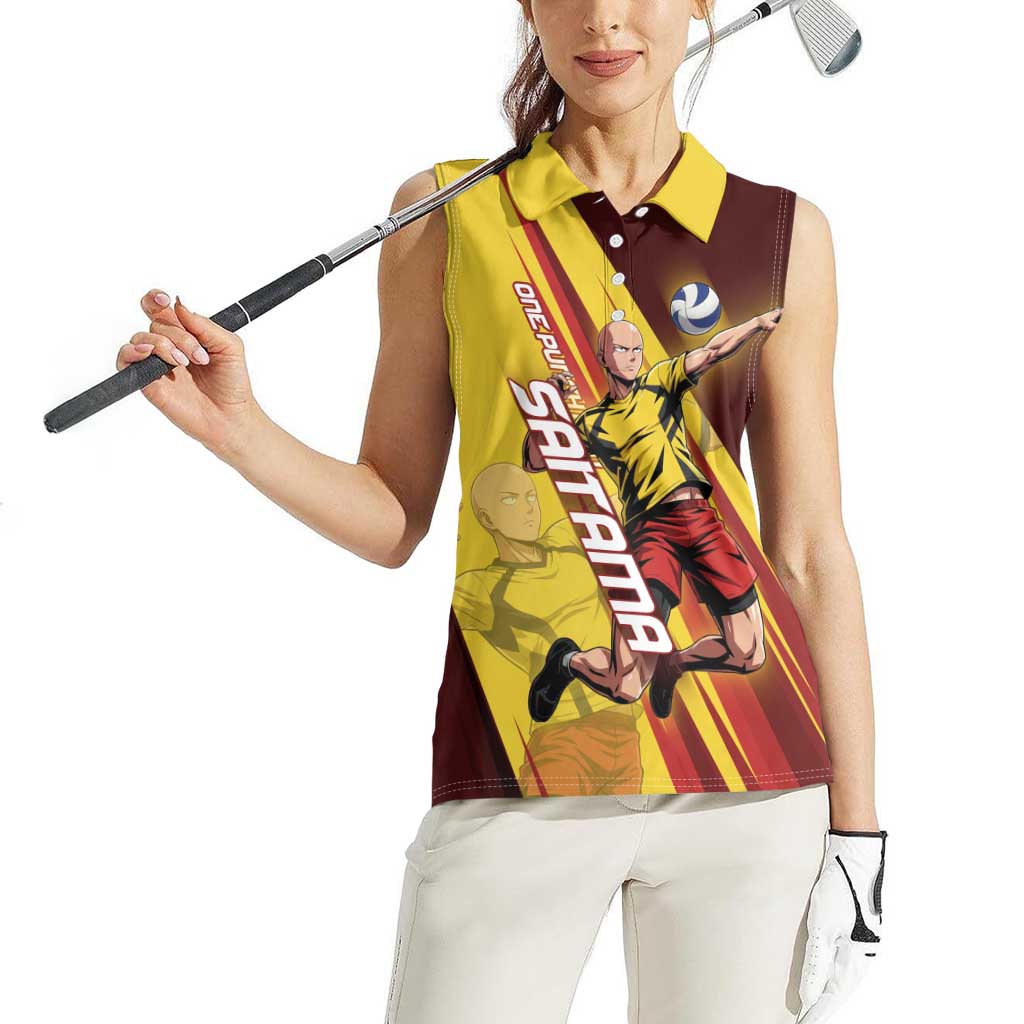 Personalized Saitama Volleyball Design Women Sleeveless Polo Shirt with Yellow and Red Athletic Theme and Powerful Spike Pose