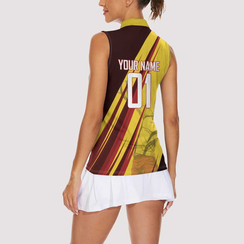 Personalized Saitama Volleyball Design Women Sleeveless Polo Shirt with Yellow and Red Athletic Theme and Powerful Spike Pose