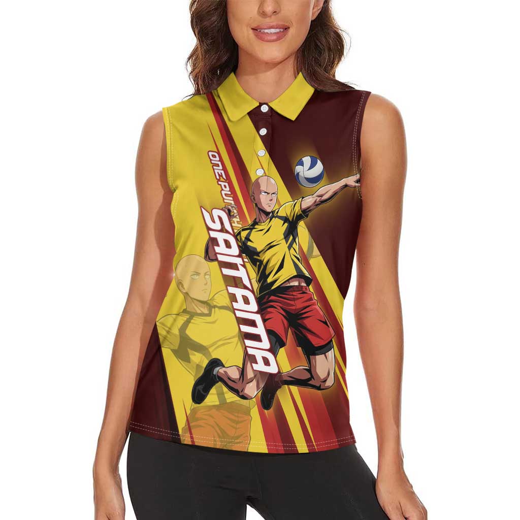 Personalized Saitama Volleyball Design Women Sleeveless Polo Shirt with Yellow and Red Athletic Theme and Powerful Spike Pose