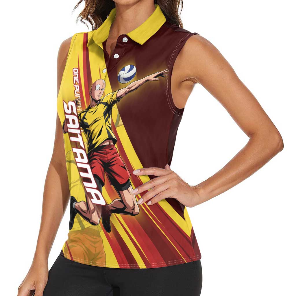 Personalized Saitama Volleyball Design Women Sleeveless Polo Shirt with Yellow and Red Athletic Theme and Powerful Spike Pose