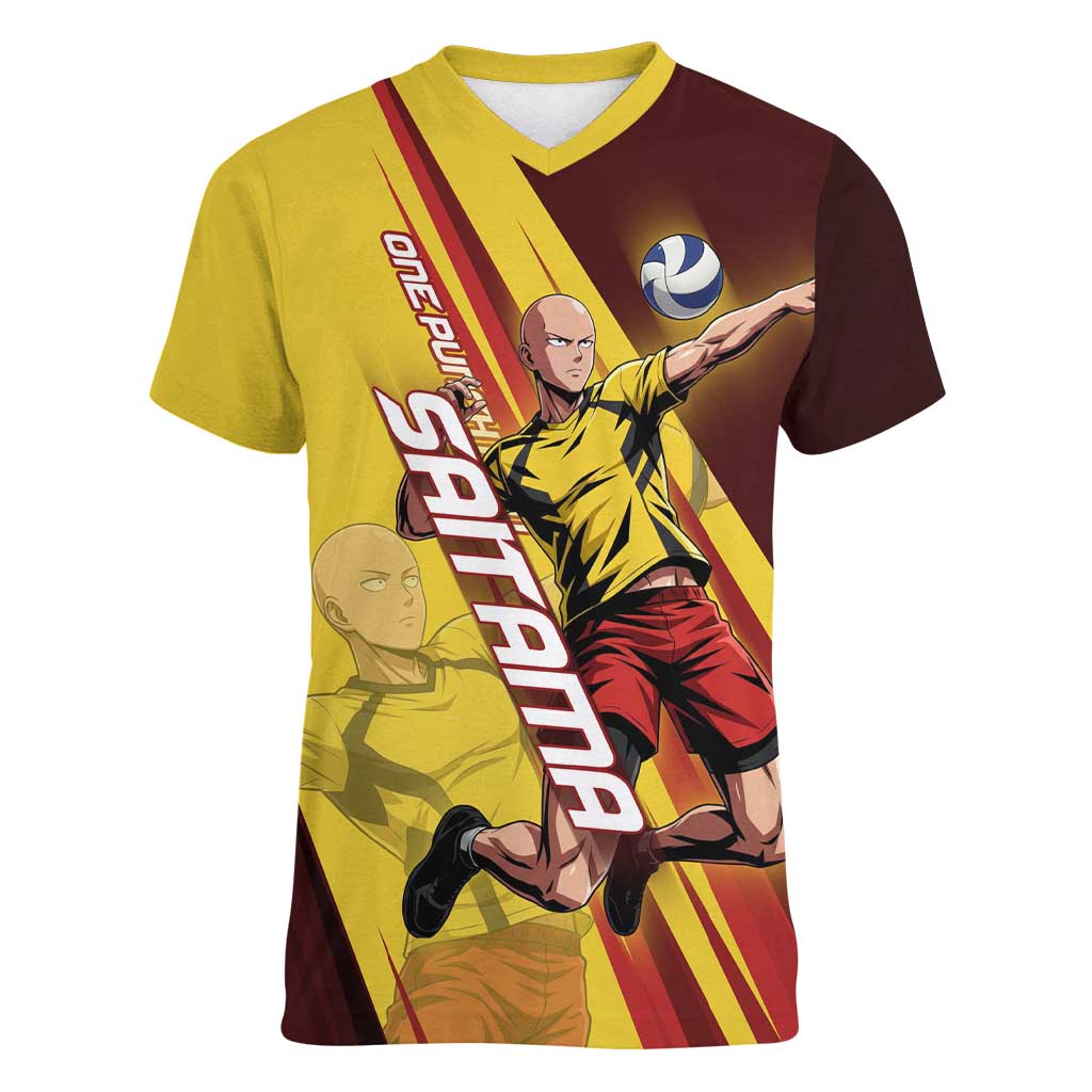 Personalized Saitama Volleyball Design Women V-Neck T-Shirt with Yellow and Red Athletic Theme and Powerful Spike Pose