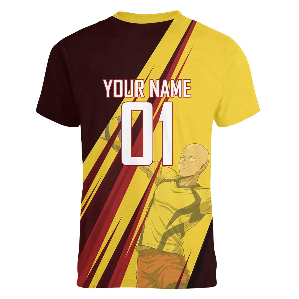 Personalized Saitama Volleyball Design Women V-Neck T-Shirt with Yellow and Red Athletic Theme and Powerful Spike Pose
