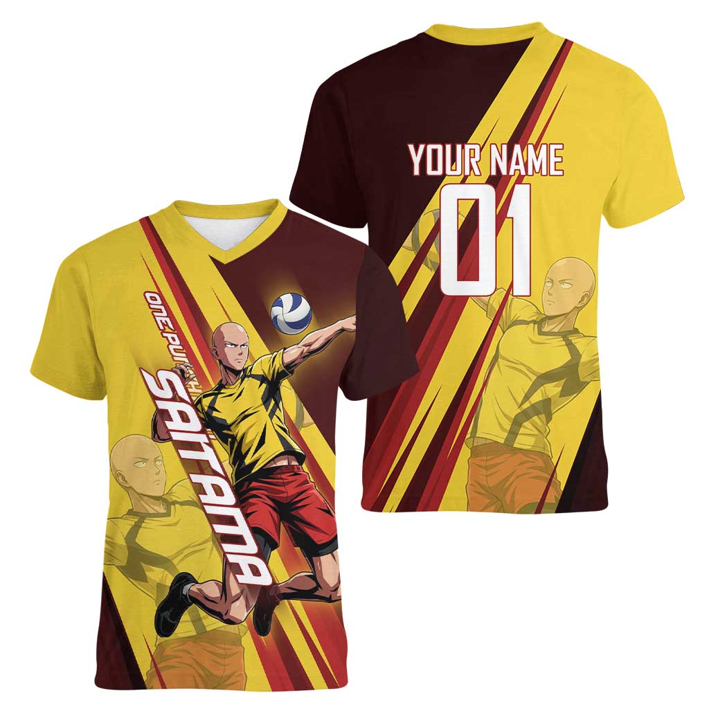 Personalized Saitama Volleyball Design Women V-Neck T-Shirt with Yellow and Red Athletic Theme and Powerful Spike Pose