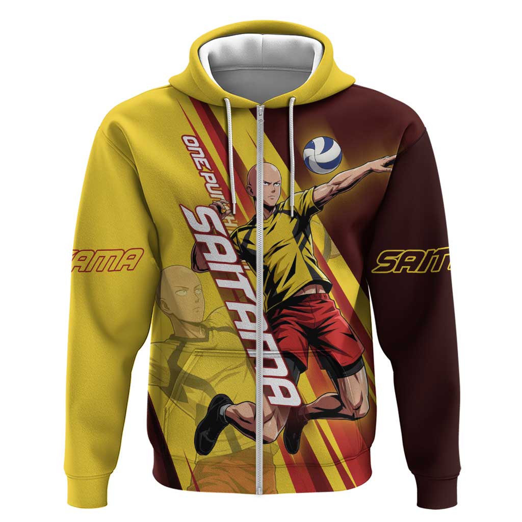 Personalized Saitama Volleyball Design Zip Hoodie with Yellow and Red Athletic Theme and Powerful Spike Pose