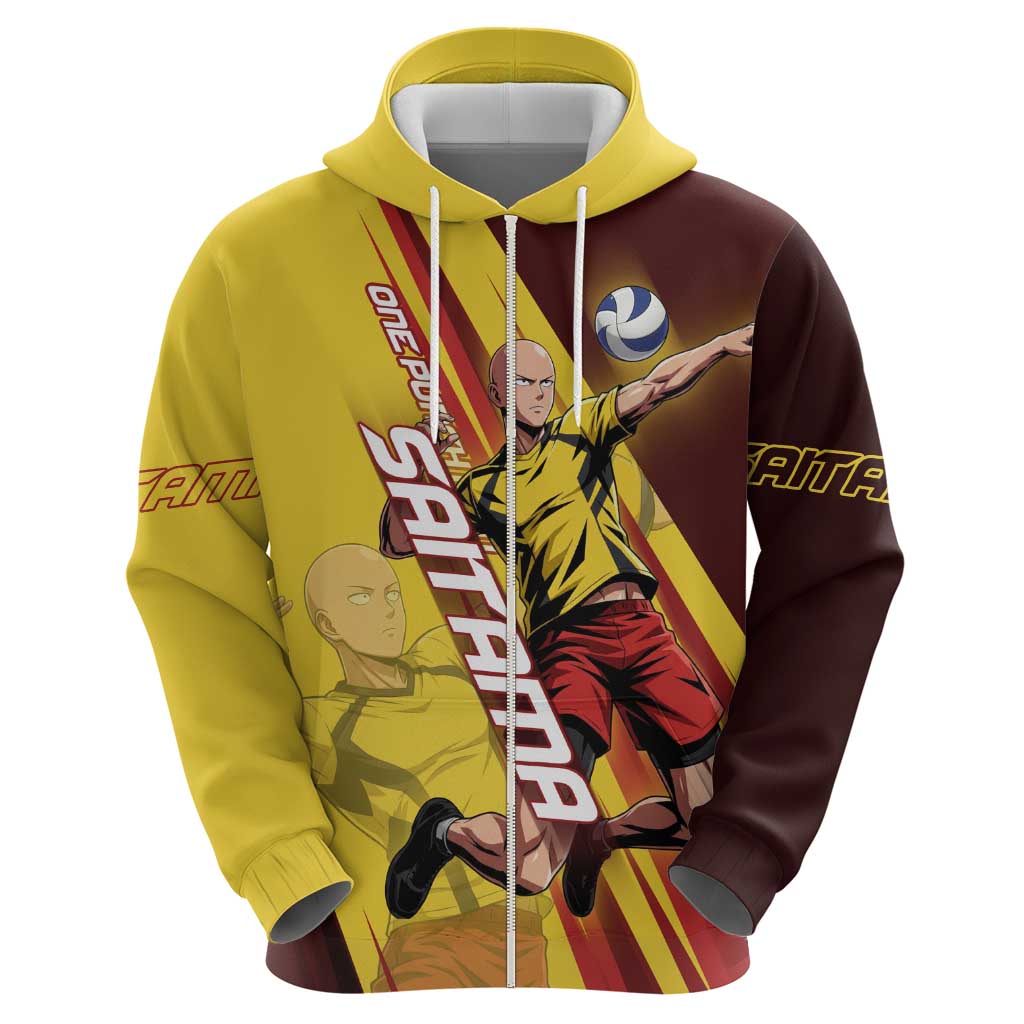 Personalized Saitama Volleyball Design Zip Hoodie with Yellow and Red Athletic Theme and Powerful Spike Pose