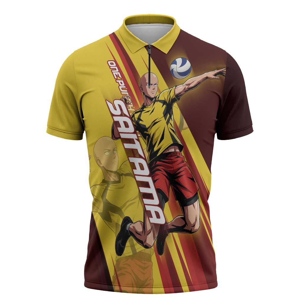 Personalized Saitama Volleyball Design Zipper Polo Shirt with Yellow and Red Athletic Theme and Powerful Spike Pose