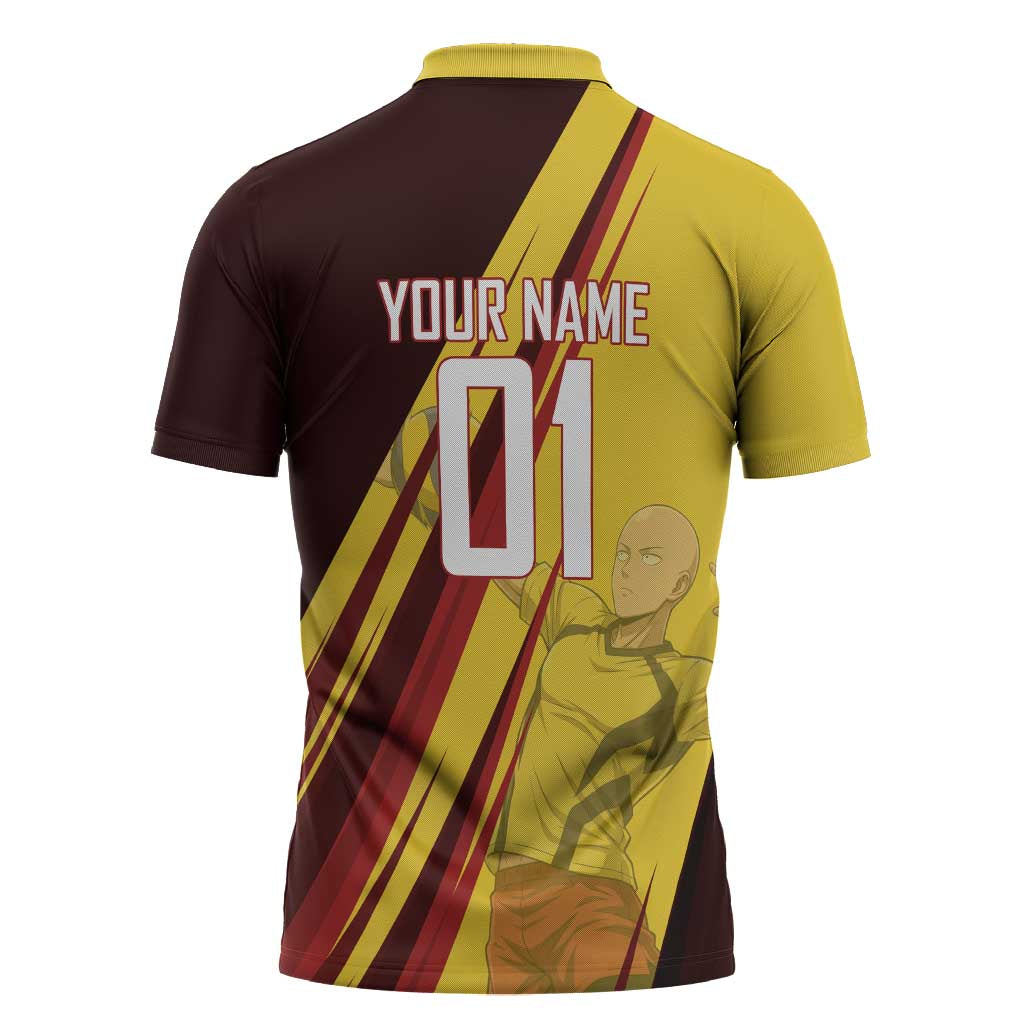 Personalized Saitama Volleyball Design Zipper Polo Shirt with Yellow and Red Athletic Theme and Powerful Spike Pose