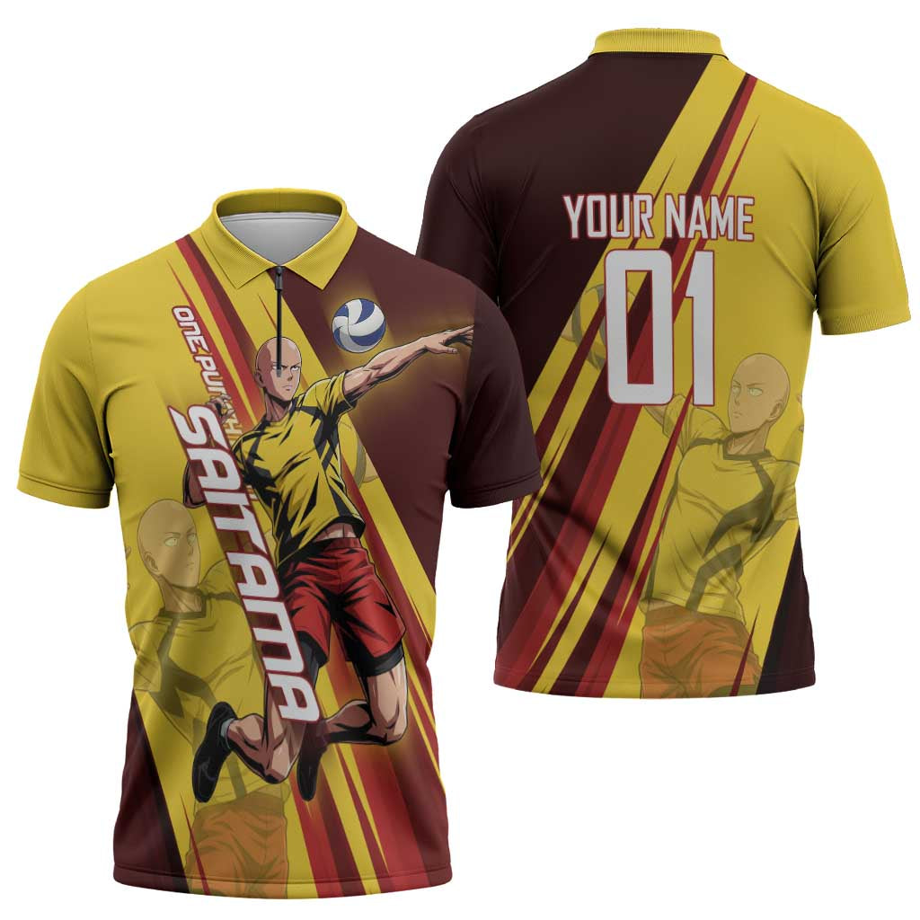 Personalized Saitama Volleyball Design Zipper Polo Shirt with Yellow and Red Athletic Theme and Powerful Spike Pose