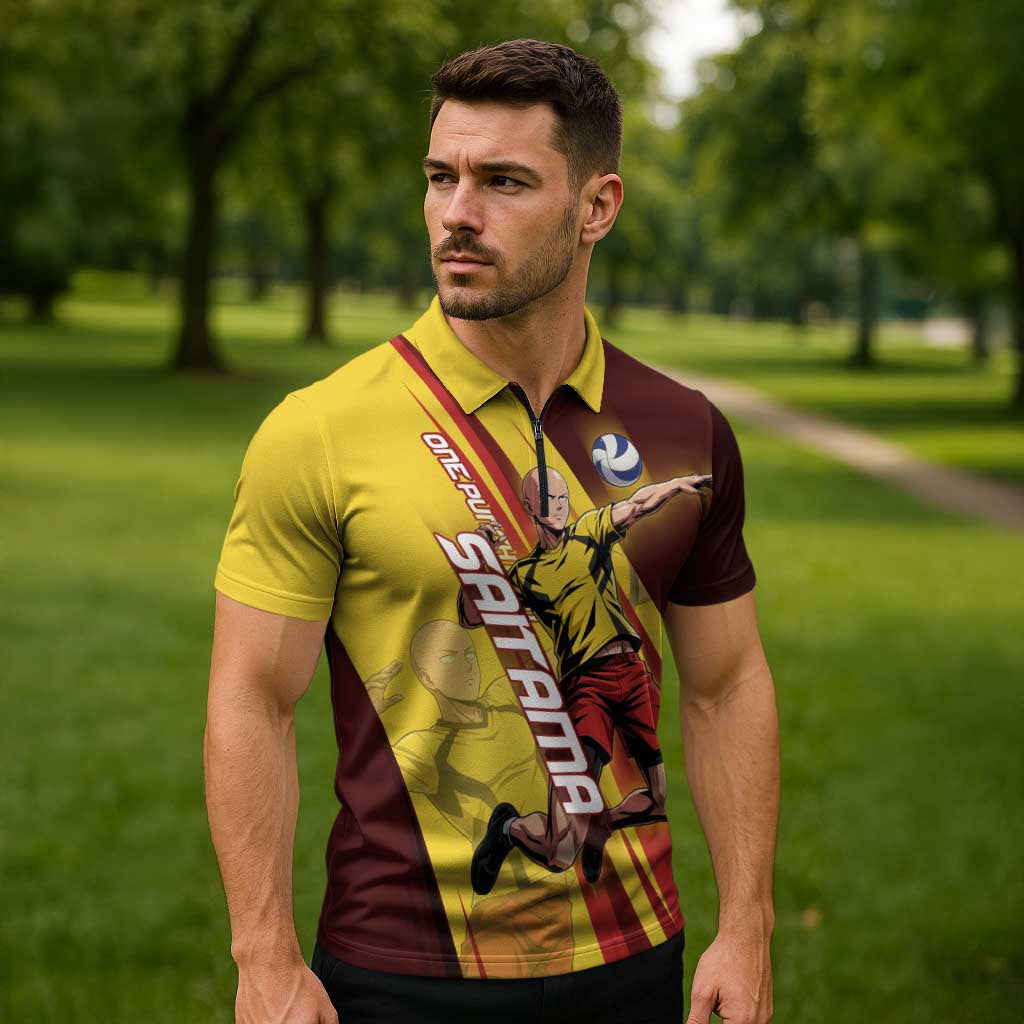 Personalized Saitama Volleyball Design Zipper Polo Shirt with Yellow and Red Athletic Theme and Powerful Spike Pose