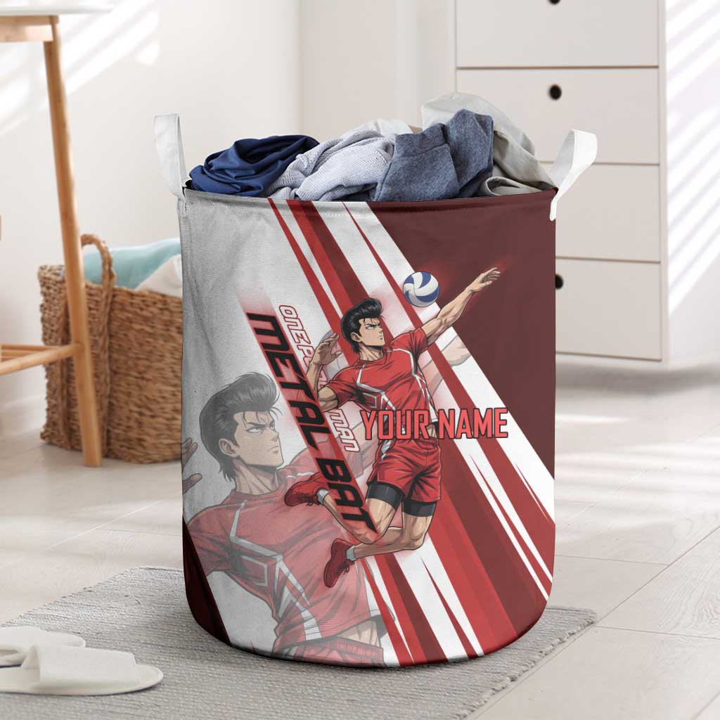 Personalized Metal Bat Volleyball Design Laundry Basket with Red Athletic Theme and Powerful Action Pose