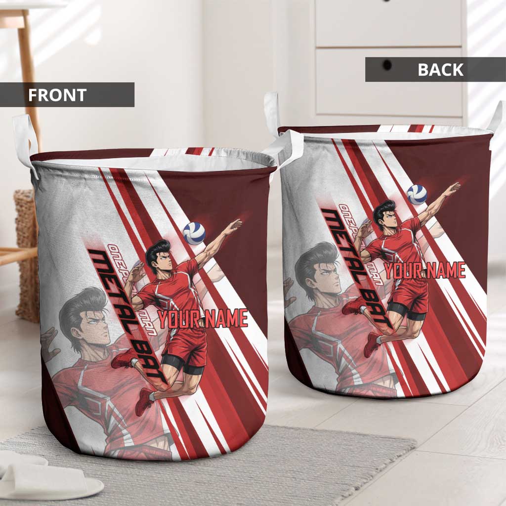 Personalized Metal Bat Volleyball Design Laundry Basket with Red Athletic Theme and Powerful Action Pose
