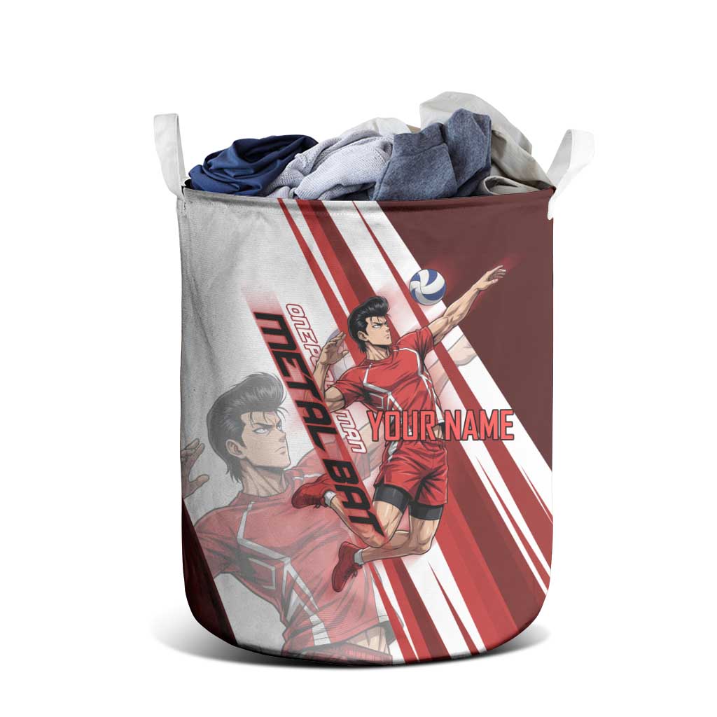 Personalized Metal Bat Volleyball Design Laundry Basket with Red Athletic Theme and Powerful Action Pose