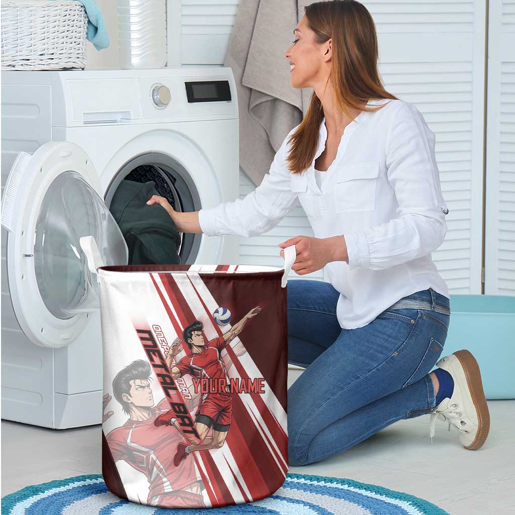 Personalized Metal Bat Volleyball Design Laundry Basket with Red Athletic Theme and Powerful Action Pose
