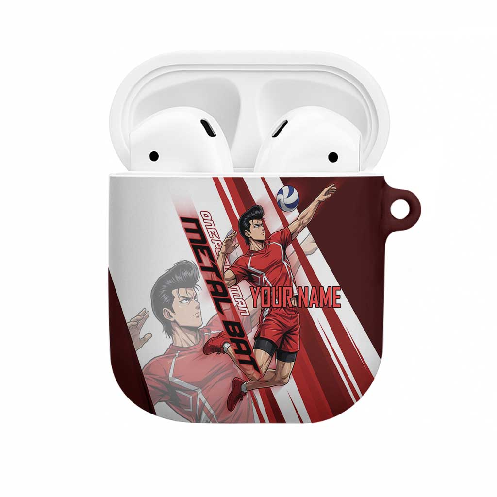Personalized Metal Bat Volleyball Design AirPods Case with Red Athletic Theme and Powerful Action Pose