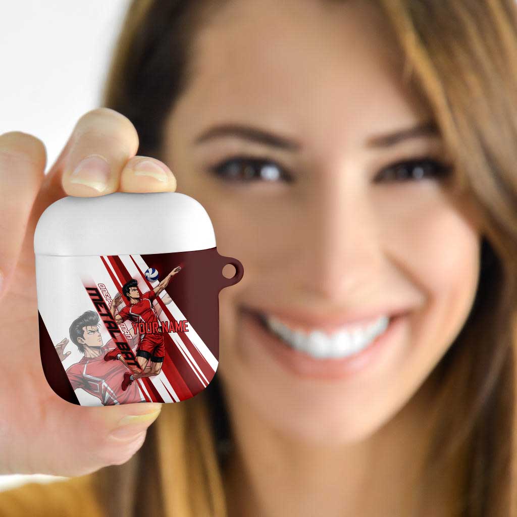 Personalized Metal Bat Volleyball Design AirPods Case with Red Athletic Theme and Powerful Action Pose