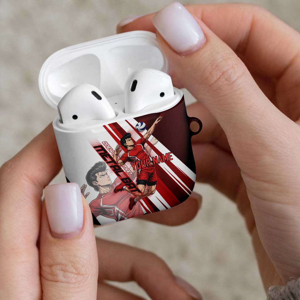 Personalized Metal Bat Volleyball Design AirPods Case with Red Athletic Theme and Powerful Action Pose