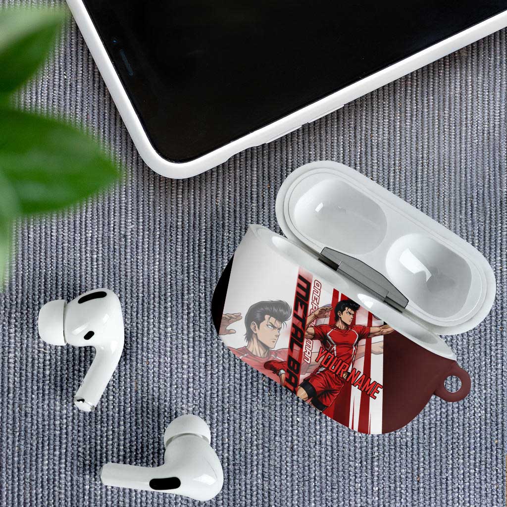 Personalized Metal Bat Volleyball Design AirPods Case with Red Athletic Theme and Powerful Action Pose