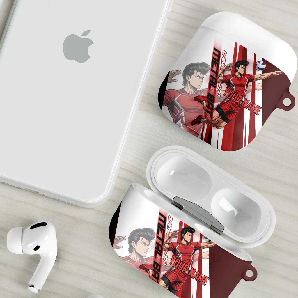 Personalized Metal Bat Volleyball Design AirPods Case with Red Athletic Theme and Powerful Action Pose