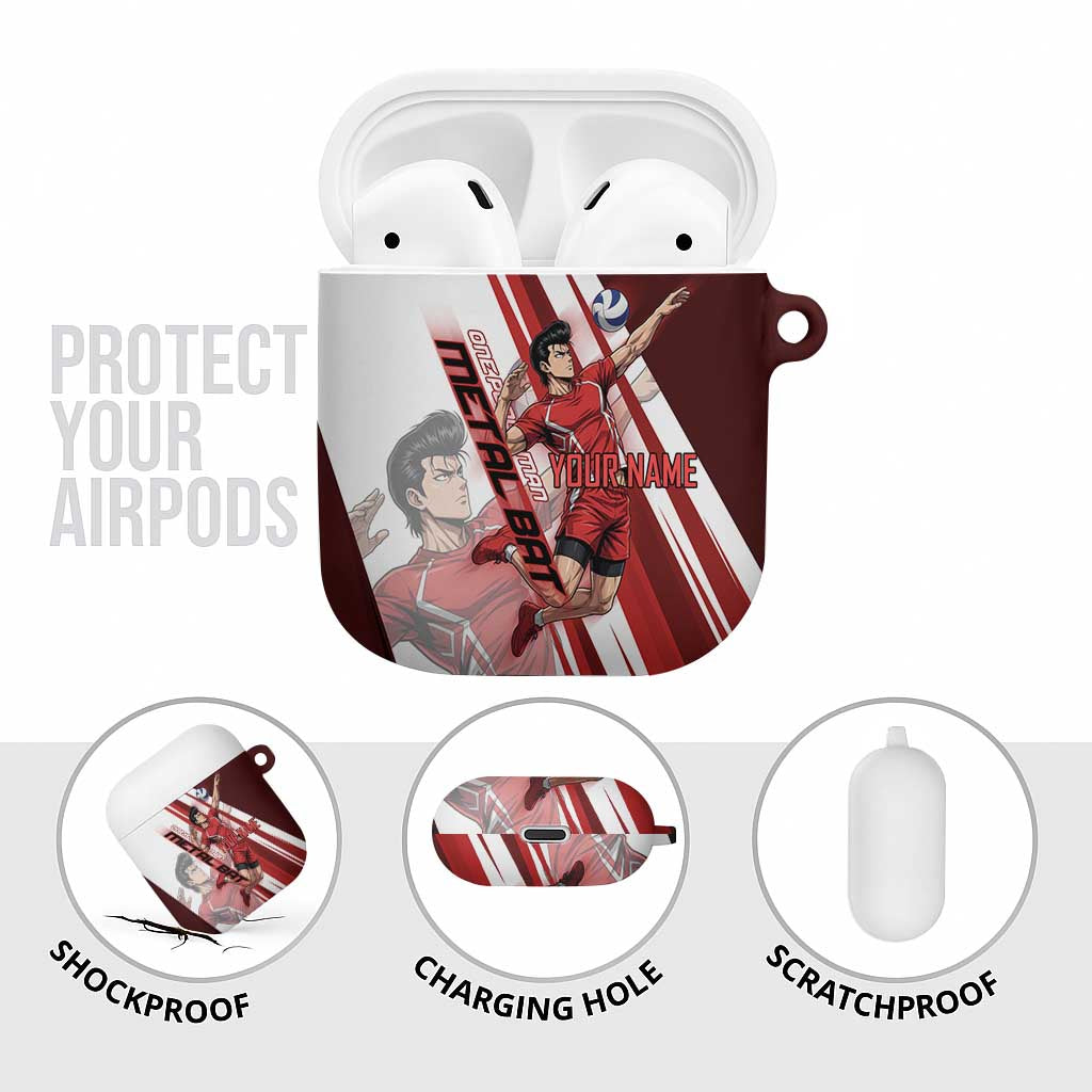 Personalized Metal Bat Volleyball Design AirPods Case with Red Athletic Theme and Powerful Action Pose