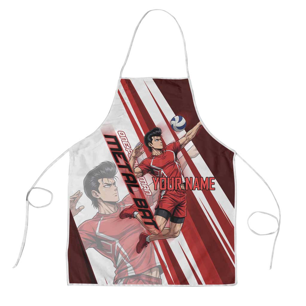 Personalized Metal Bat Volleyball Design Apron with Red Athletic Theme and Powerful Action Pose