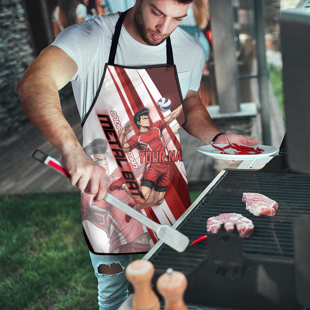 Personalized Metal Bat Volleyball Design Apron with Red Athletic Theme and Powerful Action Pose