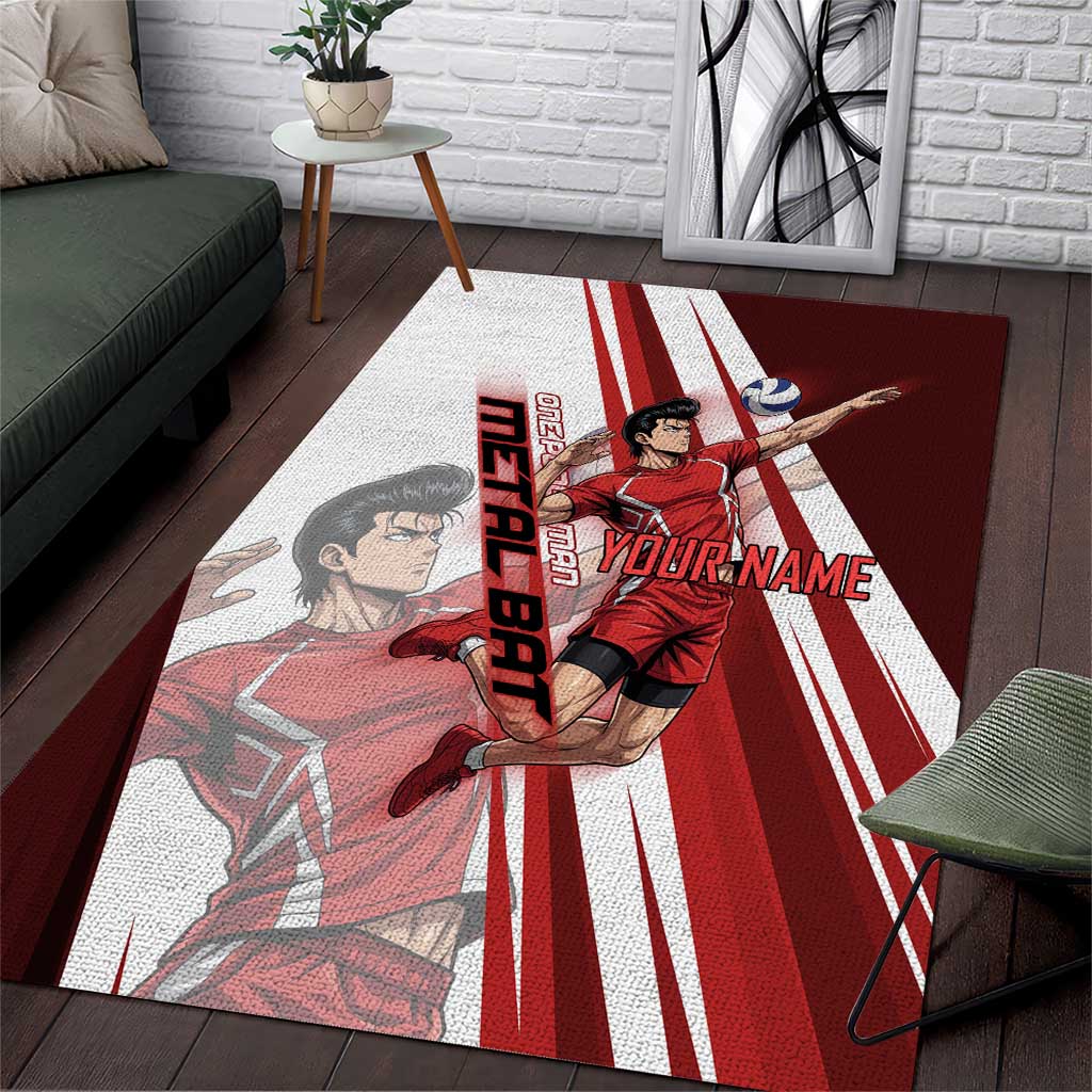 Personalized Metal Bat Volleyball Design Area Rug with Red Athletic Theme and Powerful Action Pose