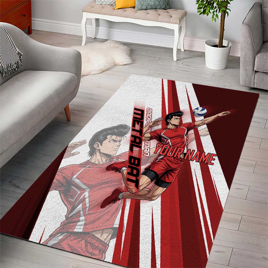 Personalized Metal Bat Volleyball Design Area Rug with Red Athletic Theme and Powerful Action Pose