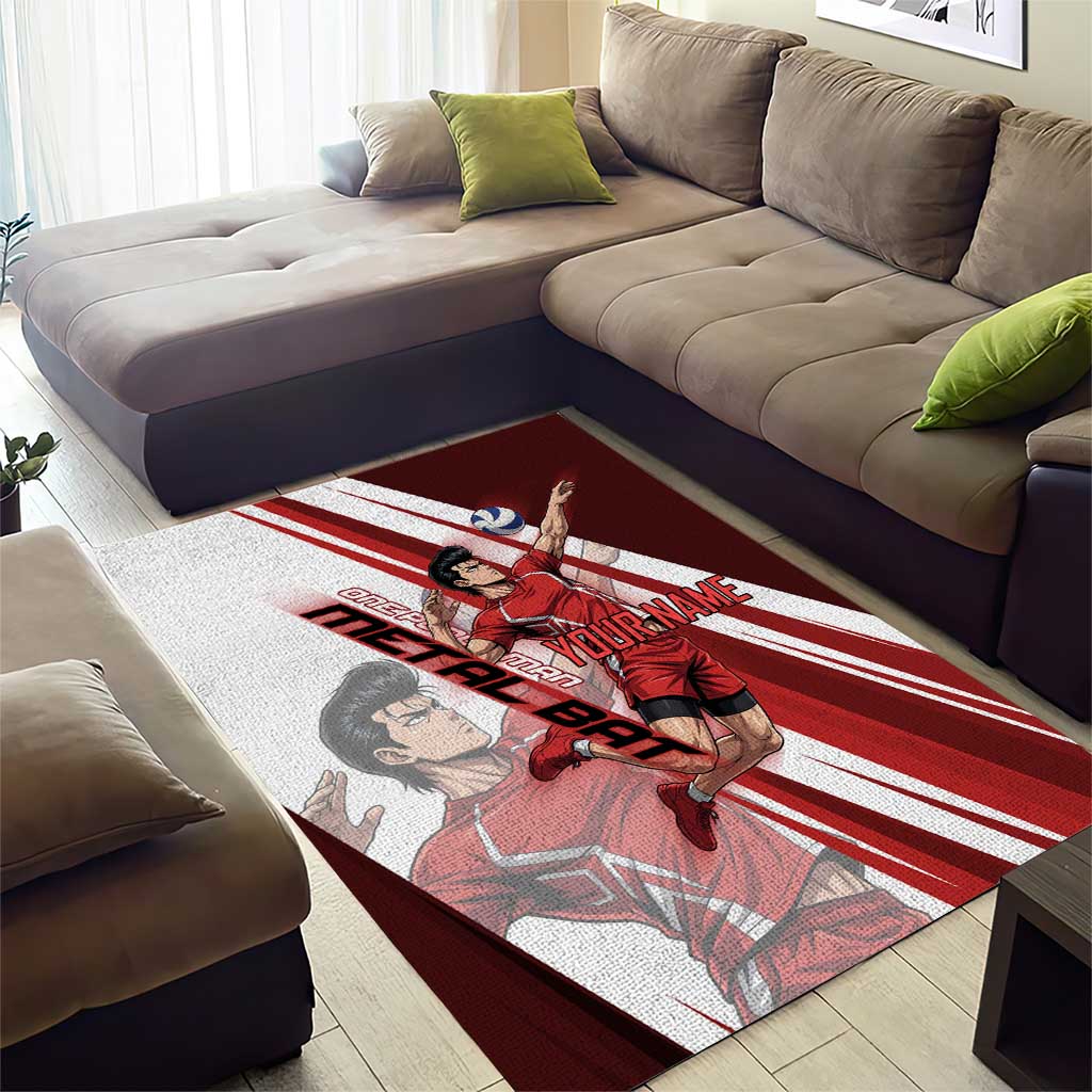 Personalized Metal Bat Volleyball Design Area Rug with Red Athletic Theme and Powerful Action Pose