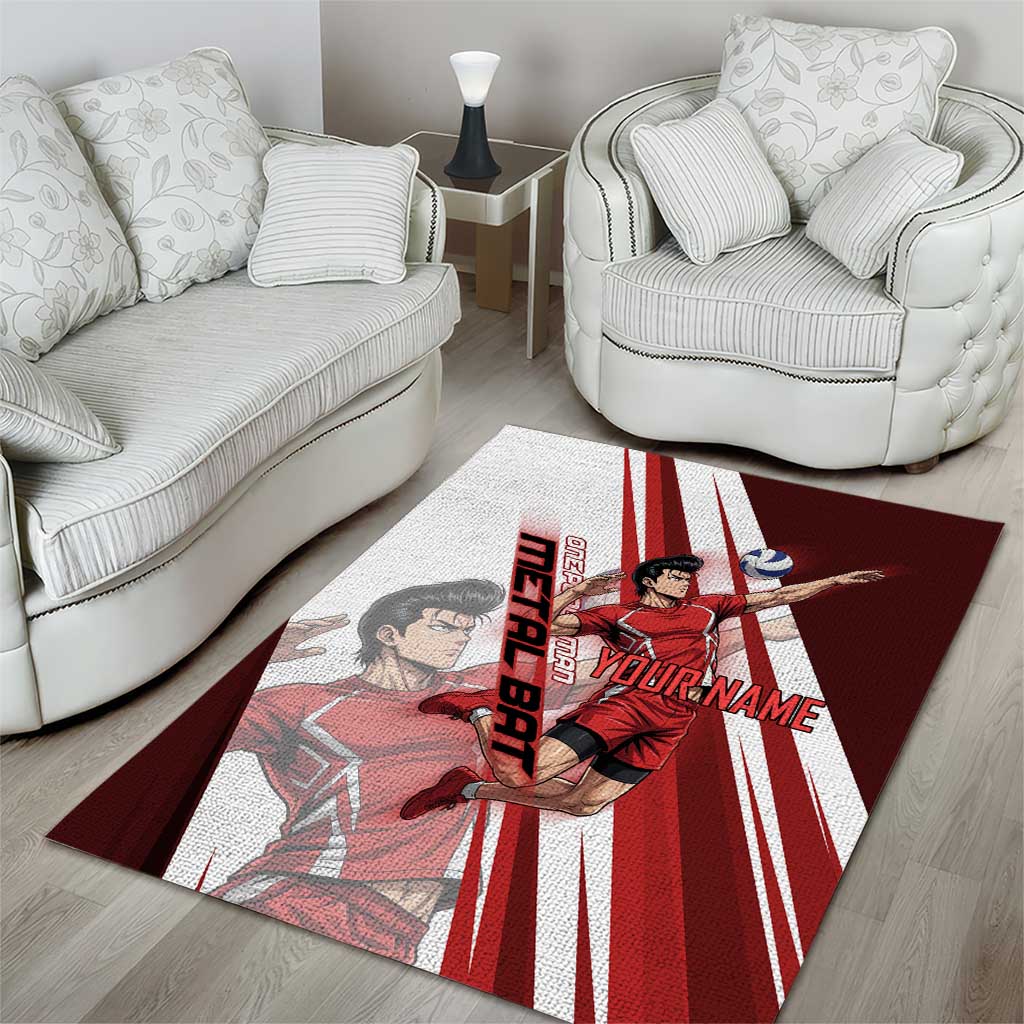 Personalized Metal Bat Volleyball Design Area Rug with Red Athletic Theme and Powerful Action Pose