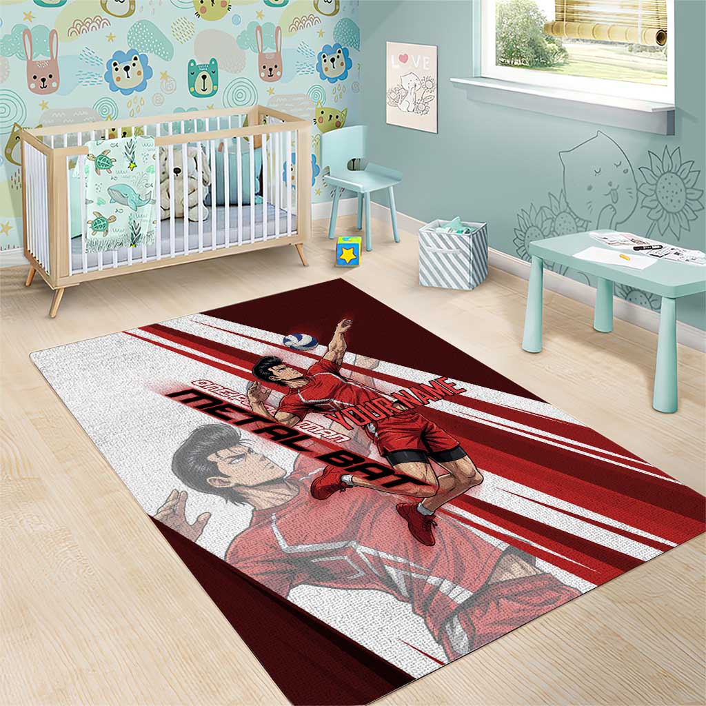 Personalized Metal Bat Volleyball Design Area Rug with Red Athletic Theme and Powerful Action Pose