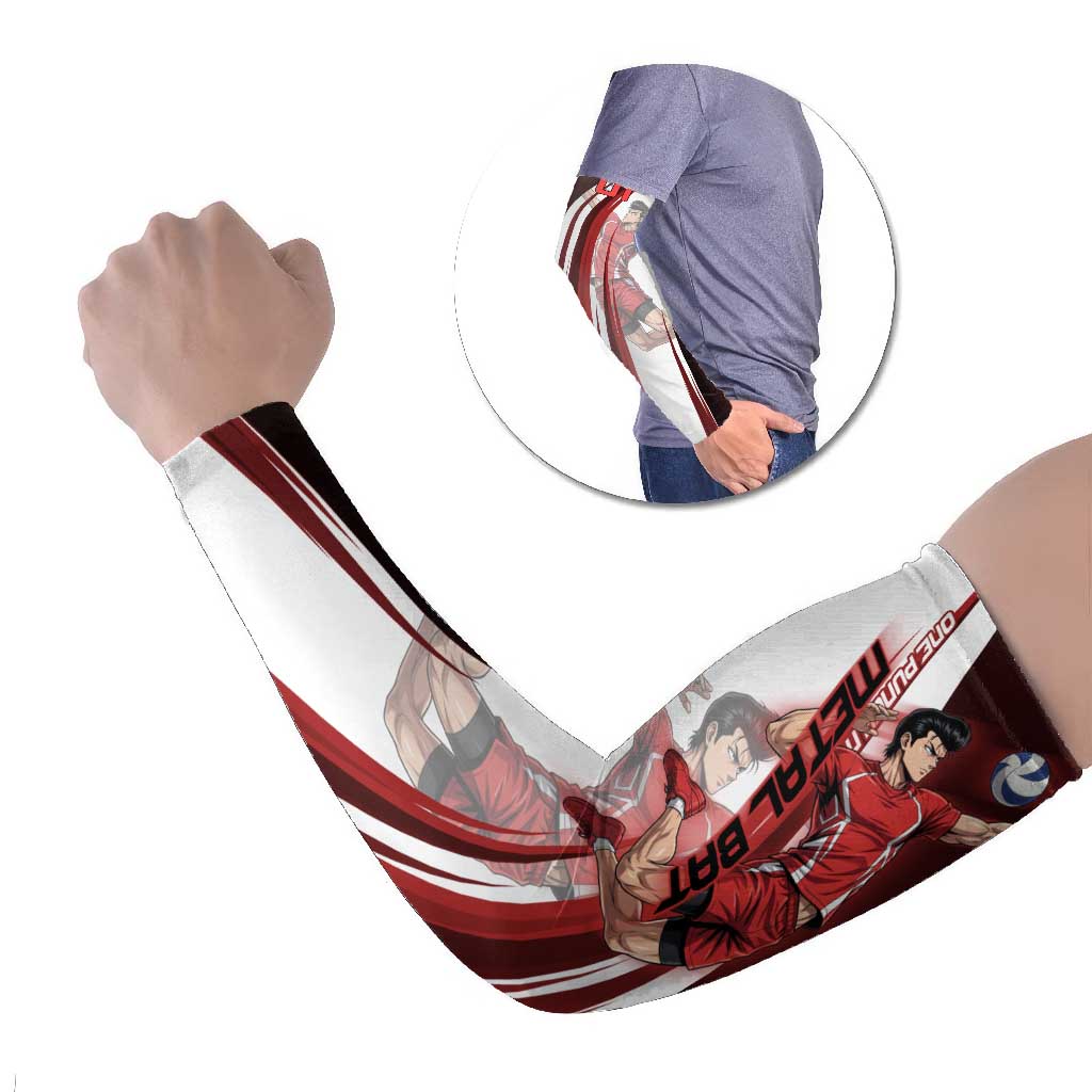 Personalized Metal Bat Volleyball Design Arm Sleeves with Red Athletic Theme and Powerful Action Pose