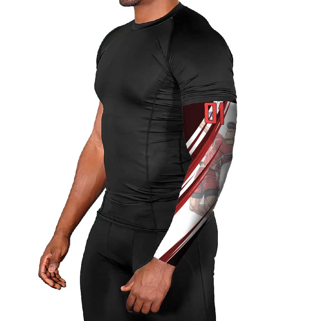 Personalized Metal Bat Volleyball Design Arm Sleeves with Red Athletic Theme and Powerful Action Pose