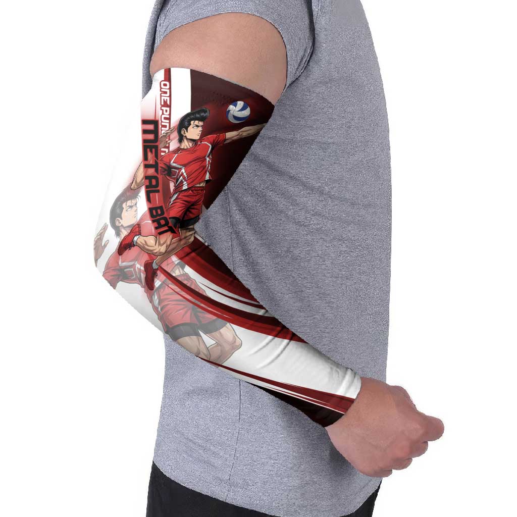 Personalized Metal Bat Volleyball Design Arm Sleeves with Red Athletic Theme and Powerful Action Pose