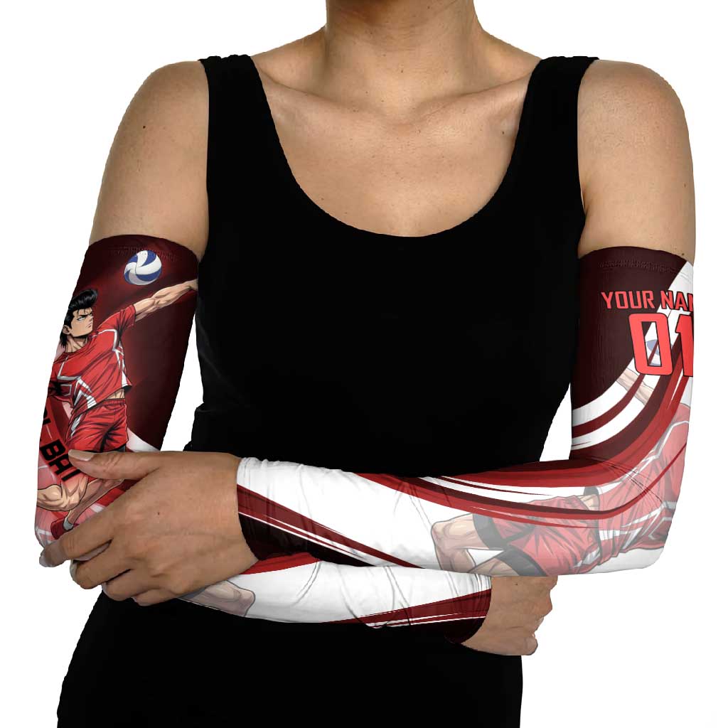 Personalized Metal Bat Volleyball Design Arm Sleeves with Red Athletic Theme and Powerful Action Pose
