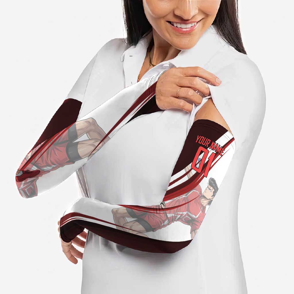 Personalized Metal Bat Volleyball Design Arm Sleeves with Red Athletic Theme and Powerful Action Pose