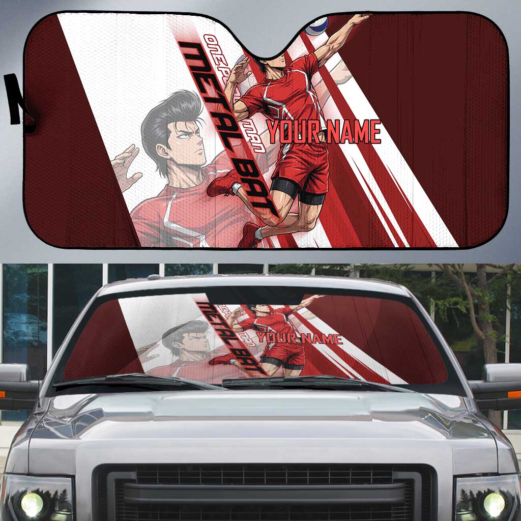 Personalized Metal Bat Volleyball Design Auto Sun Shade with Red Athletic Theme and Powerful Action Pose