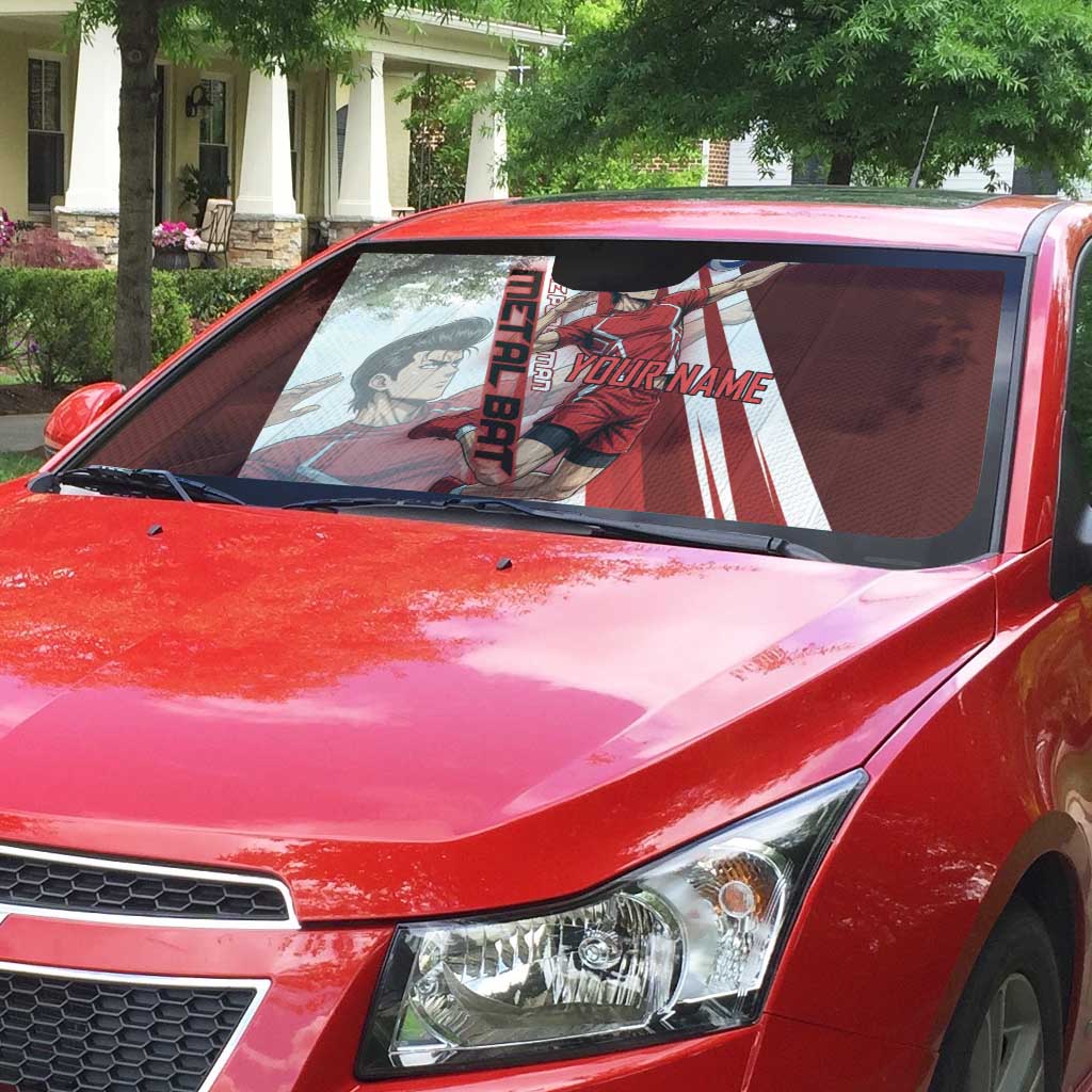 Personalized Metal Bat Volleyball Design Auto Sun Shade with Red Athletic Theme and Powerful Action Pose