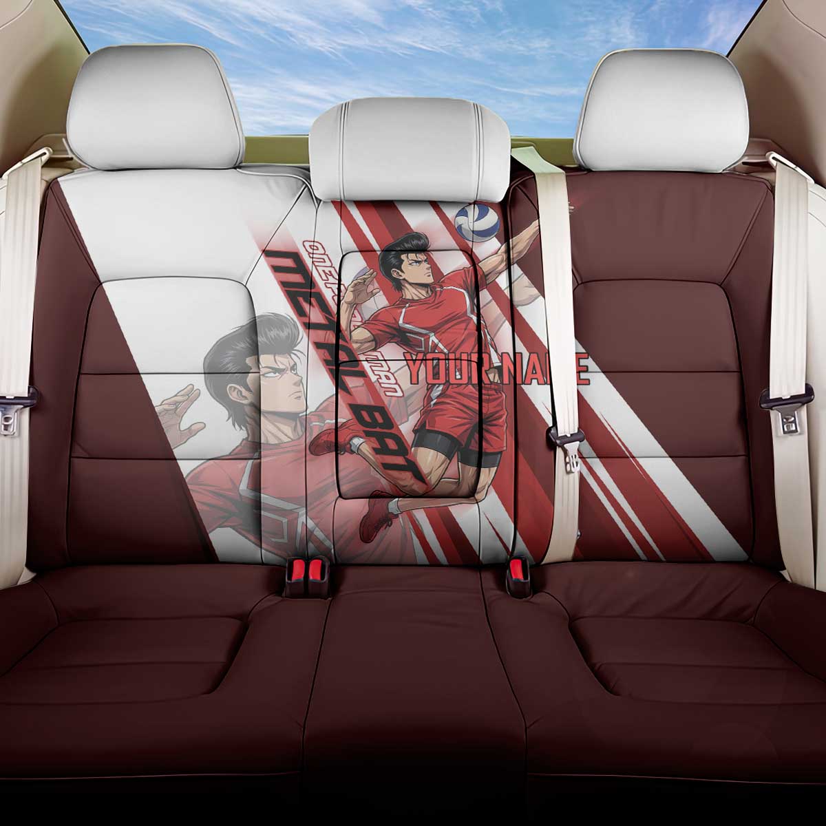 Personalized Metal Bat Volleyball Design Back Car Seat Cover with Red Athletic Theme and Powerful Action Pose