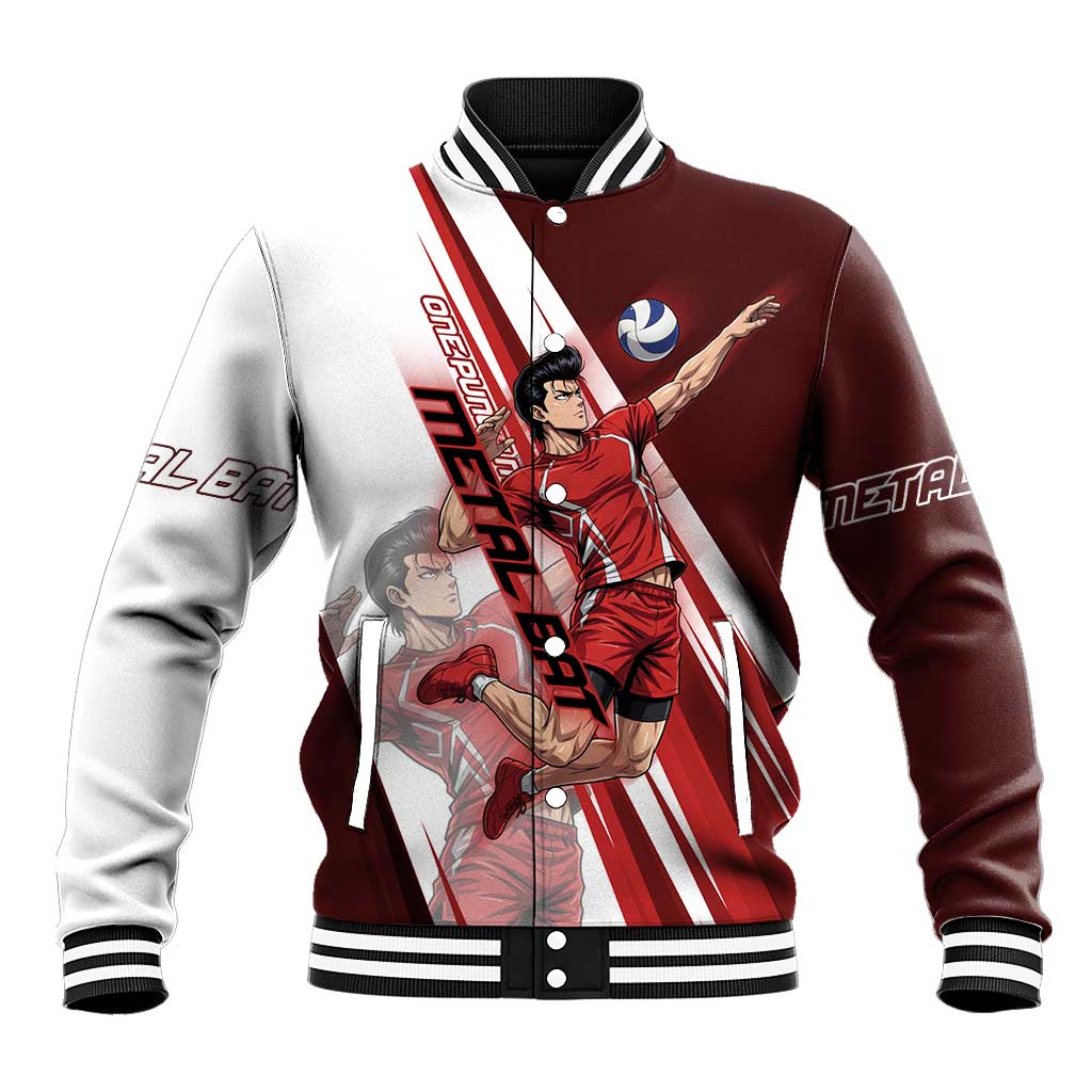 Personalized Metal Bat Volleyball Design Baseball Jacket with Red Athletic Theme and Powerful Action Pose