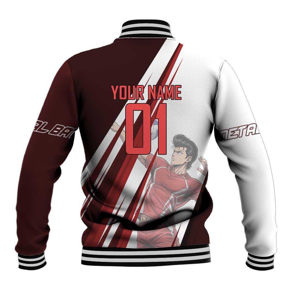 Personalized Metal Bat Volleyball Design Baseball Jacket with Red Athletic Theme and Powerful Action Pose