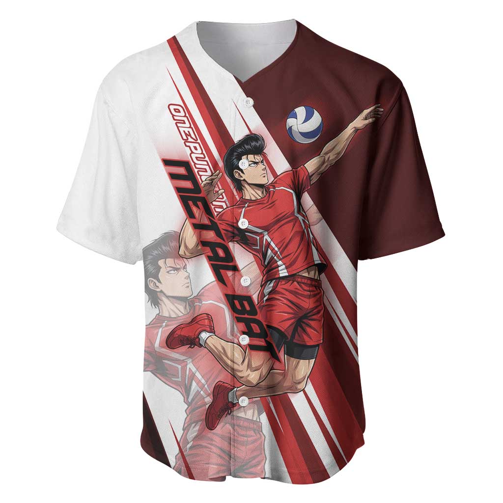 Personalized Metal Bat Volleyball Design Baseball Jersey with Red Athletic Theme and Powerful Action Pose
