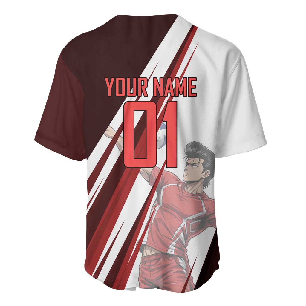 Personalized Metal Bat Volleyball Design Baseball Jersey with Red Athletic Theme and Powerful Action Pose