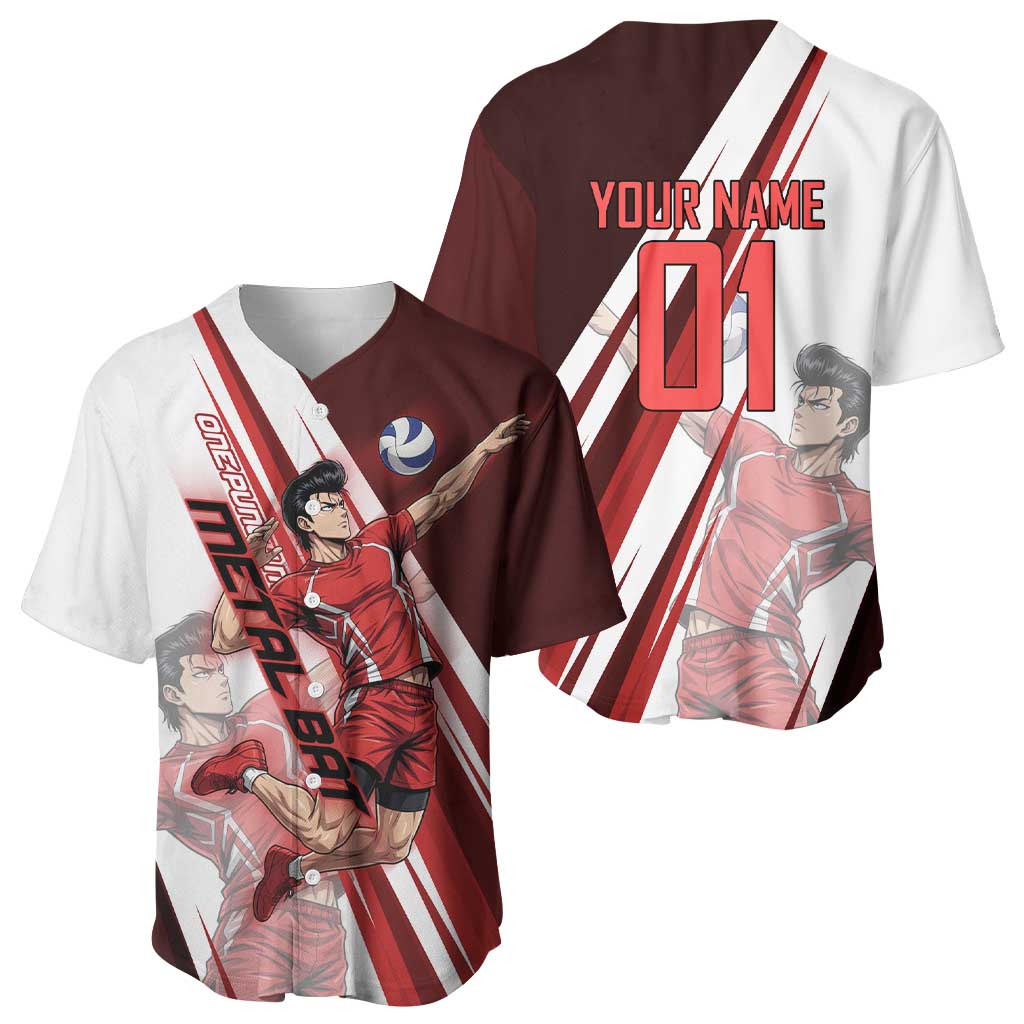 Personalized Metal Bat Volleyball Design Baseball Jersey with Red Athletic Theme and Powerful Action Pose
