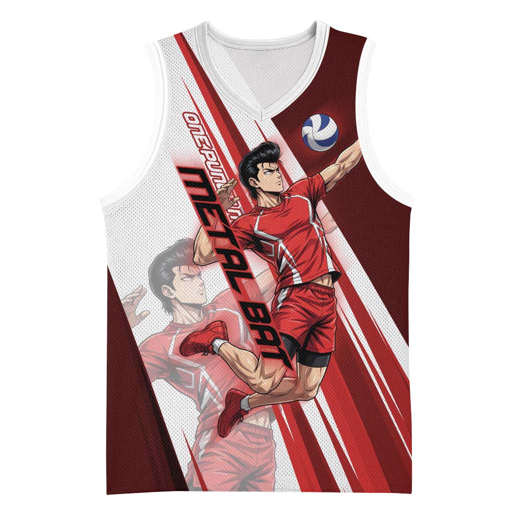 Personalized Metal Bat Volleyball Design Basketball Jersey with Red Athletic Theme and Powerful Action Pose