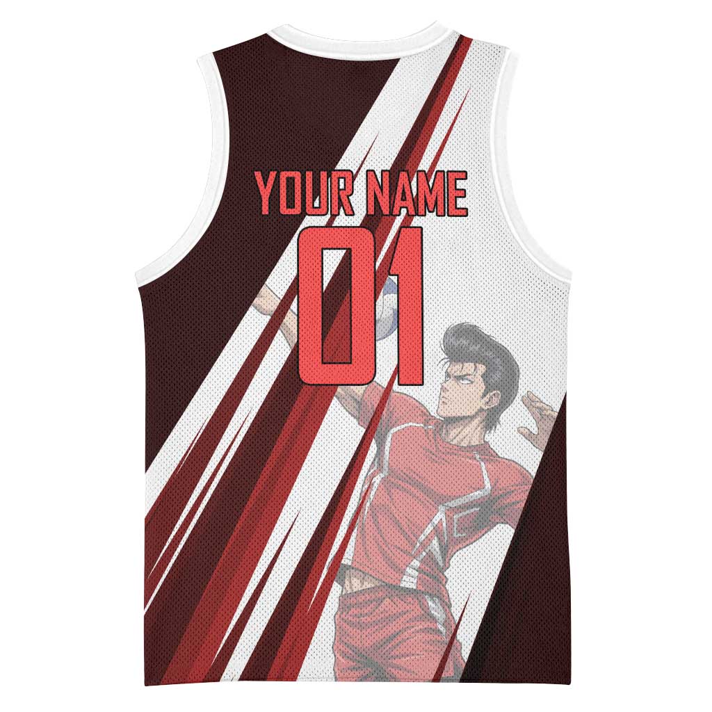 Personalized Metal Bat Volleyball Design Basketball Jersey with Red Athletic Theme and Powerful Action Pose